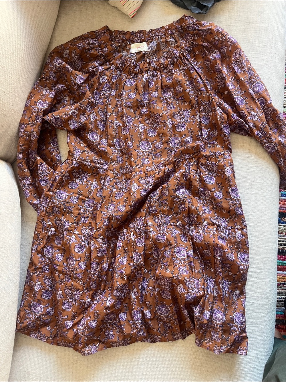 XiRENA Brown Floral Mini Dress with Lavender Print